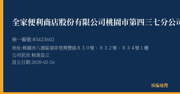 全家便利商店股份有限公司桃園市第四三七分公司的照片-統編 83423602(桃園市) 公司登記資料與營業項目詳細圖表