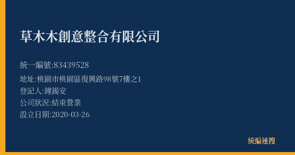 草木木創意整合有限公司的照片-統編 83439528(桃園市) 公司登記資料與營業項目詳細圖表