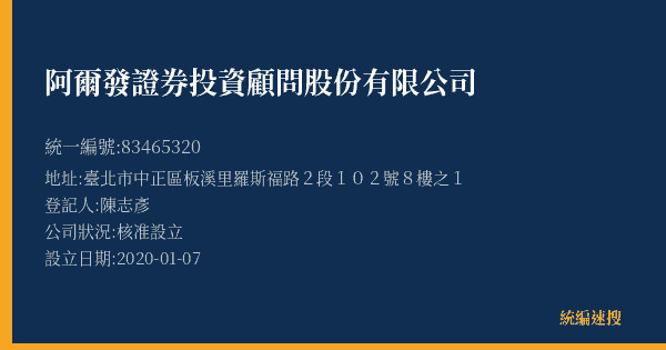 阿爾發證券投資顧問股份有限公司的照片-統編 83465320(臺北市) 公司登記資料與營業項目詳細圖表
