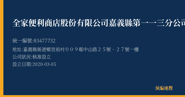 全家便利商店股份有限公司嘉義縣第一一三分公司的照片-統編 83477732(嘉義縣) 公司登記資料與營業項目詳細圖表