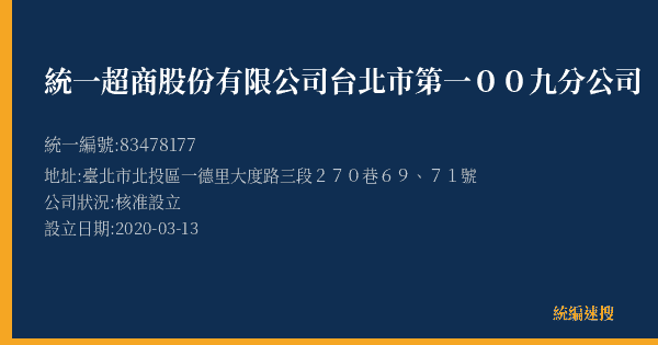 統一超商股份有限公司台北市第一00九分公司的照片-統編 83478177(臺北市) 公司登記資料與營業項目詳細圖表