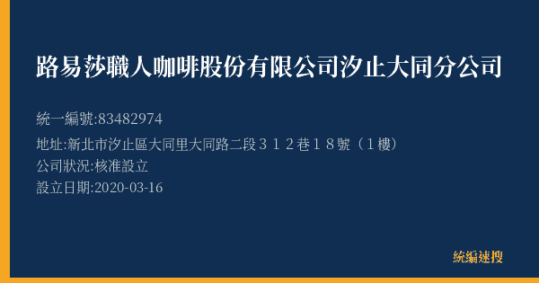 路易莎職人咖啡股份有限公司汐止大同分公司的照片-統編 83482974(新北市) 公司登記資料與營業項目詳細圖表