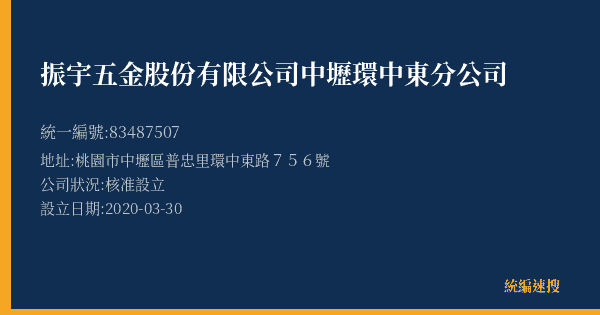 振宇五金股份有限公司中壢環中東分公司的照片-統編 83487507(桃園市) 公司登記資料與營業項目詳細圖表