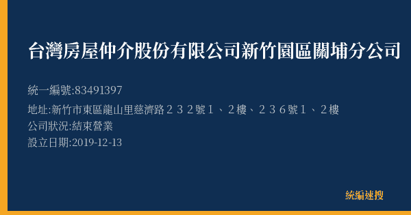 台灣房屋仲介股份有限公司新竹園區關埔分公司的照片-統編 83491397(新竹市) 公司登記資料與營業項目詳細圖表