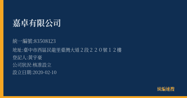嘉卓有限公司的照片-統編 83508123(臺中市) 公司登記資料與營業項目詳細圖表