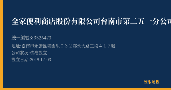 全家便利商店股份有限公司台南市第二五一分公司的照片-統編 83526473(臺南市) 公司登記資料與營業項目詳細圖表