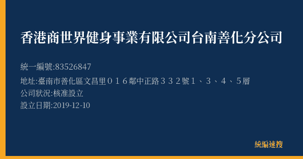 香港商世界健身事業有限公司台南善化分公司的照片-統編 83526847(臺南市) 公司登記資料與營業項目詳細圖表