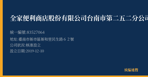 全家便利商店股份有限公司台南市第二五二分公司的照片-統編 83527064(臺南市) 公司登記資料與營業項目詳細圖表
