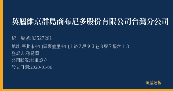 英屬維京群島商布尼多股份有限公司台灣分公司的照片-統編 83527281(臺北市) 公司登記資料與營業項目詳細圖表