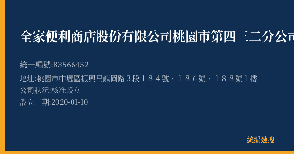 全家便利商店股份有限公司桃園市第四三二分公司的照片-統編 83566452(桃園市) 公司登記資料與營業項目詳細圖表