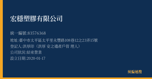 宏穩塑膠有限公司的照片-統編 83576368(臺中市) 公司登記資料與營業項目詳細圖表