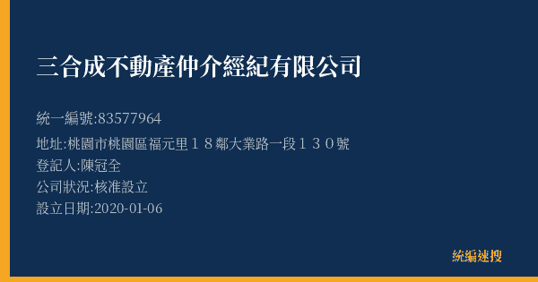 三合成不動產仲介經紀有限公司的照片-統編 83577964(桃園市) 公司登記資料與營業項目詳細圖表