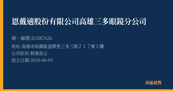 恩戴適股份有限公司高雄三多眼鏡分公司的照片-統編 83587626(高雄市) 公司登記資料與營業項目詳細圖表