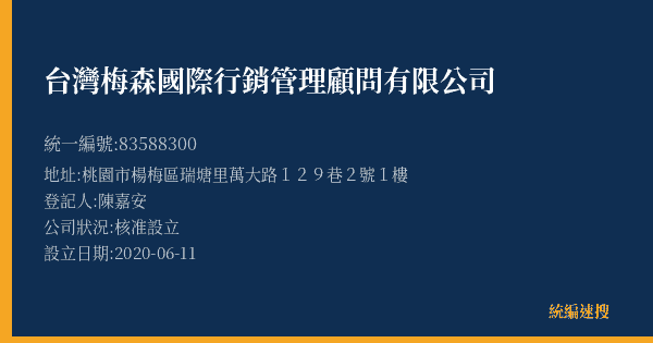 台灣梅森國際行銷管理顧問有限公司的照片-統編 83588300(桃園市) 公司登記資料與營業項目詳細圖表
