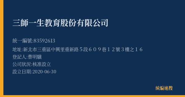 三師一生教育股份有限公司的照片-統編 83592613(新北市) 公司登記資料與營業項目詳細圖表