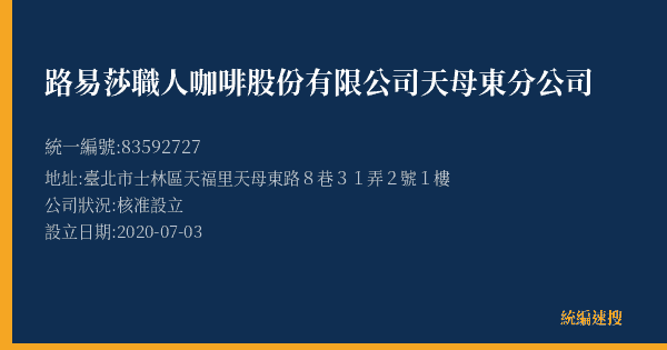 路易莎職人咖啡股份有限公司天母東分公司的照片-統編 83592727(臺北市) 公司登記資料與營業項目詳細圖表