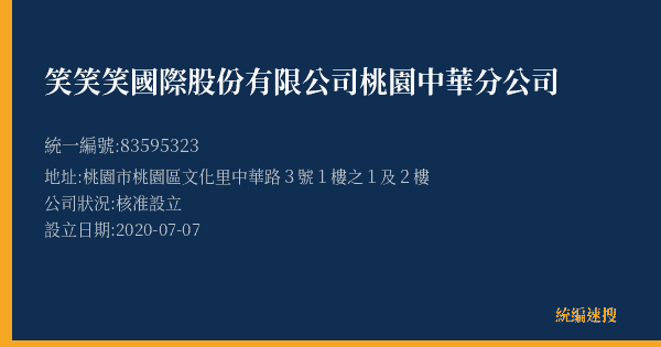 笑笑笑國際股份有限公司桃園中華分公司的照片-統編 83595323(桃園市) 公司登記資料與營業項目詳細圖表