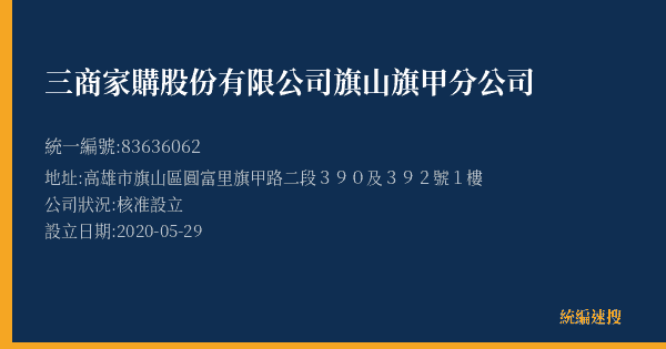 三商家購股份有限公司旗山旗甲分公司的照片-統編 83636062(高雄市) 公司登記資料與營業項目詳細圖表