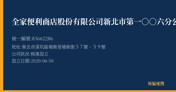 全家便利商店股份有限公司新北市第一○○六分公司的照片-統編 83662286(新北市) 公司登記資料與營業項目詳細圖表