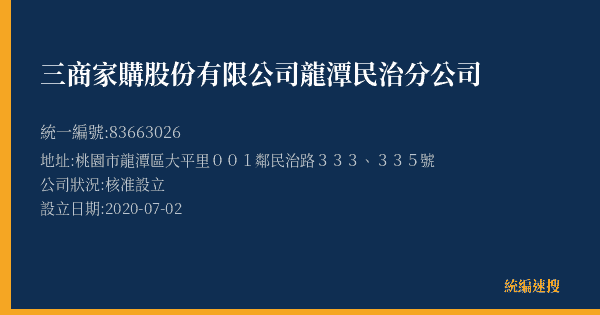 三商家購股份有限公司龍潭民治分公司的照片-統編 83663026(桃園市) 公司登記資料與營業項目詳細圖表