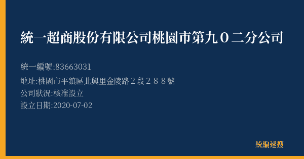 統一超商股份有限公司桃園市第九0二分公司的照片-統編 83663031(桃園市) 公司登記資料與營業項目詳細圖表