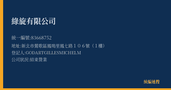 綠旋有限公司的照片-統編 83668752(新北市) 公司登記資料與營業項目詳細圖表
