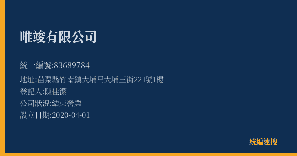 唯竣有限公司的照片-統編 83689784(苗栗縣) 公司登記資料與營業項目詳細圖表