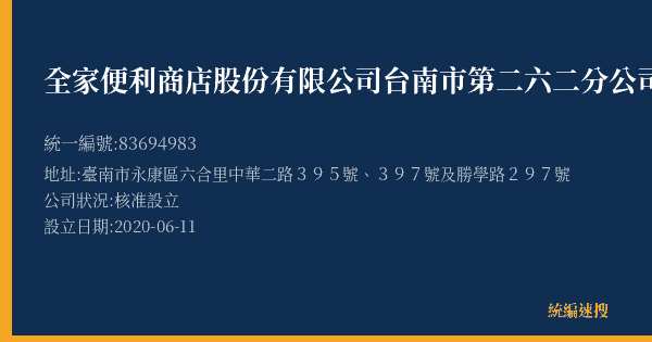 全家便利商店股份有限公司台南市第二六二分公司的照片-統編 83694983(臺南市) 公司登記資料與營業項目詳細圖表