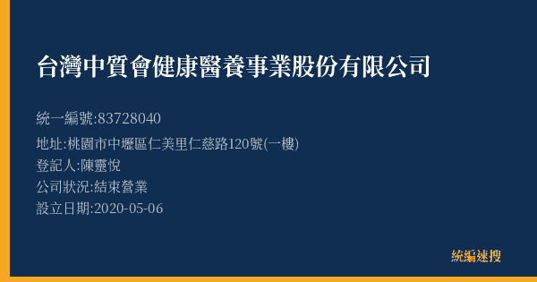 台灣中質會健康醫養事業股份有限公司的照片-統編 83728040(桃園市) 公司登記資料與營業項目詳細圖表
