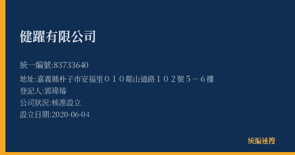 健躍有限公司的照片-統編 83733640(嘉義縣) 公司登記資料與營業項目詳細圖表