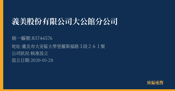 義美股份有限公司大公館分公司的照片-統編 83744576(臺北市) 公司登記資料與營業項目詳細圖表