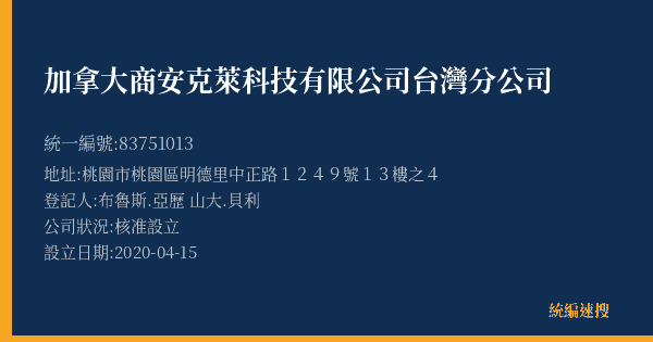 加拿大商安克萊科技有限公司台灣分公司的照片-統編 83751013(桃園市) 公司登記資料與營業項目詳細圖表