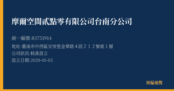 摩爾空間貳點零有限公司台南分公司的照片-統編 83751914(臺南市) 公司登記資料與營業項目詳細圖表