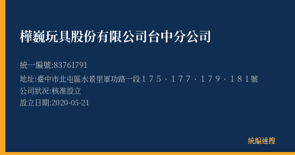 樺巍玩具股份有限公司台中分公司的照片-統編 83761791(臺中市) 公司登記資料與營業項目詳細圖表