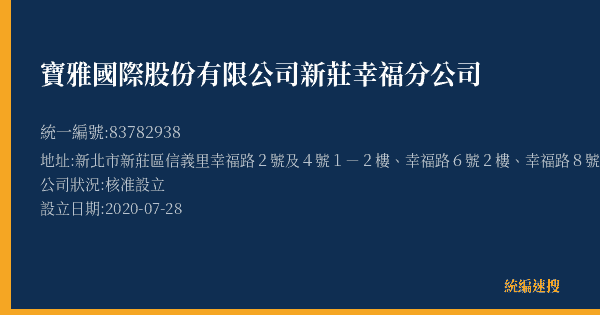 寶雅國際股份有限公司新莊幸福分公司的照片-統編 83782938(新北市) 公司登記資料與營業項目詳細圖表