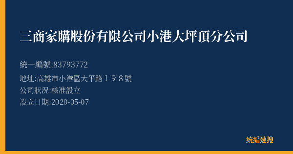 三商家購股份有限公司小港大坪頂分公司的照片-統編 83793772(高雄市) 公司登記資料與營業項目詳細圖表