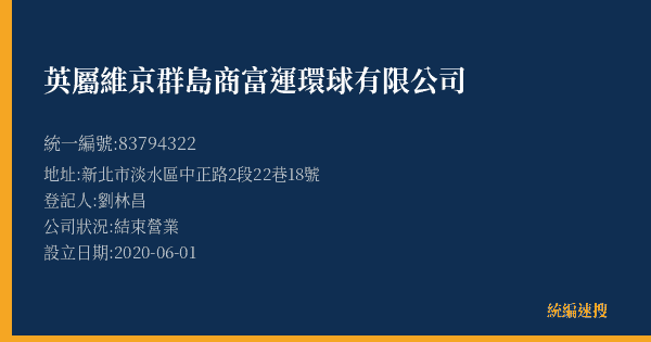 英屬維京群島商富運環球有限公司的照片-統編 83794322(新北市) 公司登記資料與營業項目詳細圖表