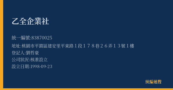 乙全企業社的照片-統編 83870025(桃園市) 公司登記資料與營業項目詳細圖表