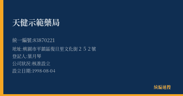 天健示範藥局的照片-統編 83870221(桃園市) 公司登記資料與營業項目詳細圖表