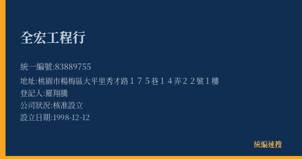 全宏工程行的照片-統編 83889755(桃園市) 公司登記資料與營業項目詳細圖表