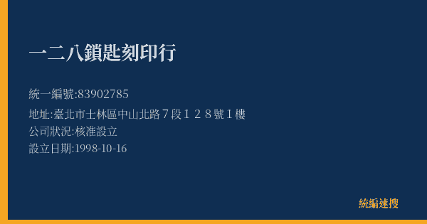 一二八鎖匙刻印行的照片-統編 83902785(臺北市) 公司登記資料與營業項目詳細圖表