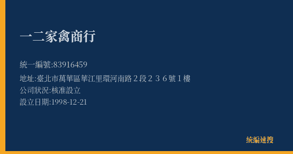 一二家禽商行的照片-統編 83916459(臺北市) 公司登記資料與營業項目詳細圖表