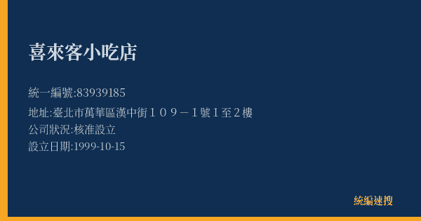 喜來客小吃店的照片-統編 83939185(臺北市) 公司登記資料與營業項目詳細圖表