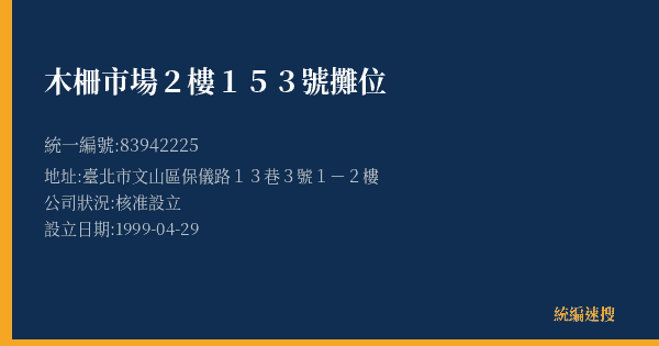 木柵市場2樓153號攤位的照片-統編 83942225(臺北市) 公司登記資料與營業項目詳細圖表
