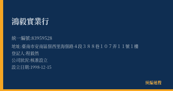 鴻毅實業行的照片-統編 83959528(臺南市) 公司登記資料與營業項目詳細圖表