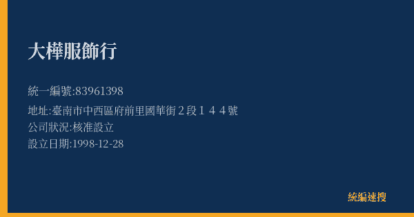 大樺服飾行的照片-統編 83961398(臺南市) 公司登記資料與營業項目詳細圖表