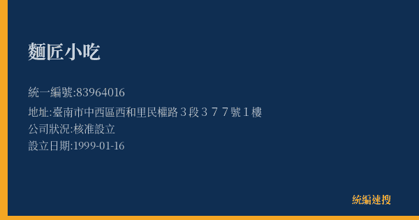 麵匠小吃的照片-統編 83964016(臺南市) 公司登記資料與營業項目詳細圖表