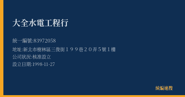 大全水電工程行的照片-統編 83972058(新北市) 公司登記資料與營業項目詳細圖表