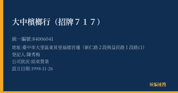 大中檳榔行(招牌717)的照片-統編 84006041(臺中市) 公司登記資料與營業項目詳細圖表
