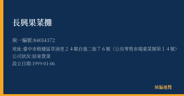 長興果菜攤的照片-統編 84014372(臺中市) 公司登記資料與營業項目詳細圖表